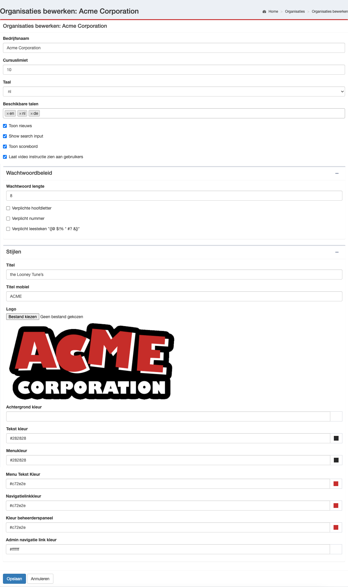 Huisstijl instellingen